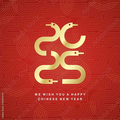 Happy Chinese New Year 2025 ultra modern gold snake design numbers typography with patern of blended line in shapes 2025 in red background label icon logo for 2025 year