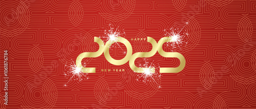 Happy New Year 2025 ultra modern gold design numbers typography, label, logo for 2025 year with sparkle firework and patern of blended line in shapes 2025 in red background greeeting card