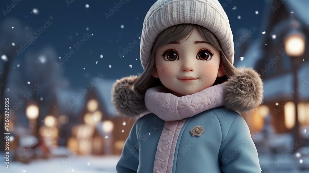 Anime cartoon Cute little  girl wearing winter clothes on snow background merry Christmas and Happy New Year 