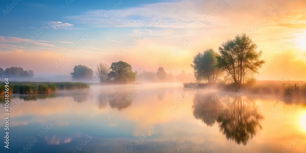 Misty morning with a subtle gradient and soft focus, serene landscape, cloudy veil Misty morning with a subtle gradient and soft focus, serene landscape, cloudy veil