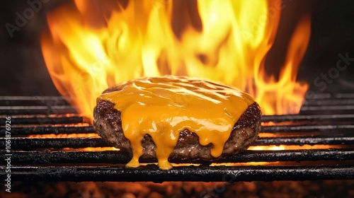 A juicy patty sizzling on the grill, with melted cheese on top, creating the perfect burger. photo