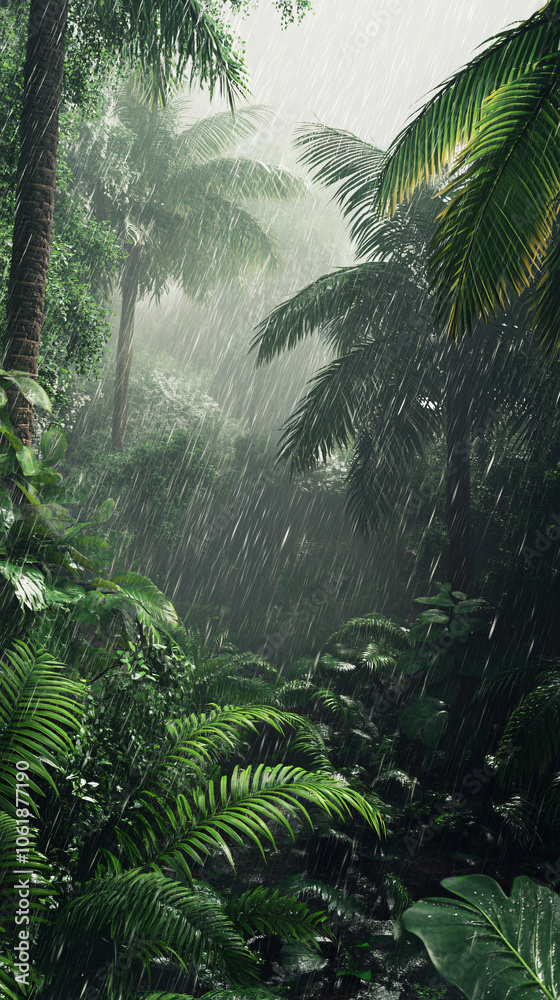 Heavy rain pours down on the lush jungle foliage during a rainstorm in the rainforest