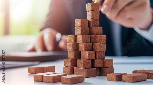 An architect designing a complex structure, showing control in planning and execution, stacking wooden blocks, symbolizing strategy and planning for success. photo