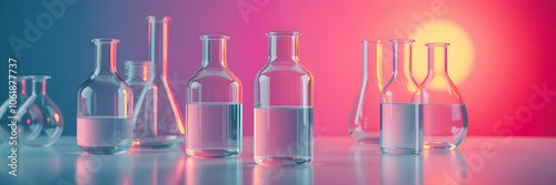 Laboratory glass equipment with liquidwater ingredients on pink background. photo