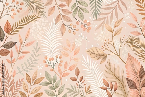 Nature-inspired wallpaper featuring soft pink and peach hues with organic shapes and patterns of leaves and branches, botanical print, organic shapes, soft pink hue, calming atmosphere, nature-inspir