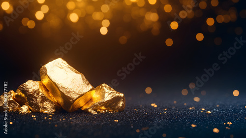 Gold stones on black background with sparkles