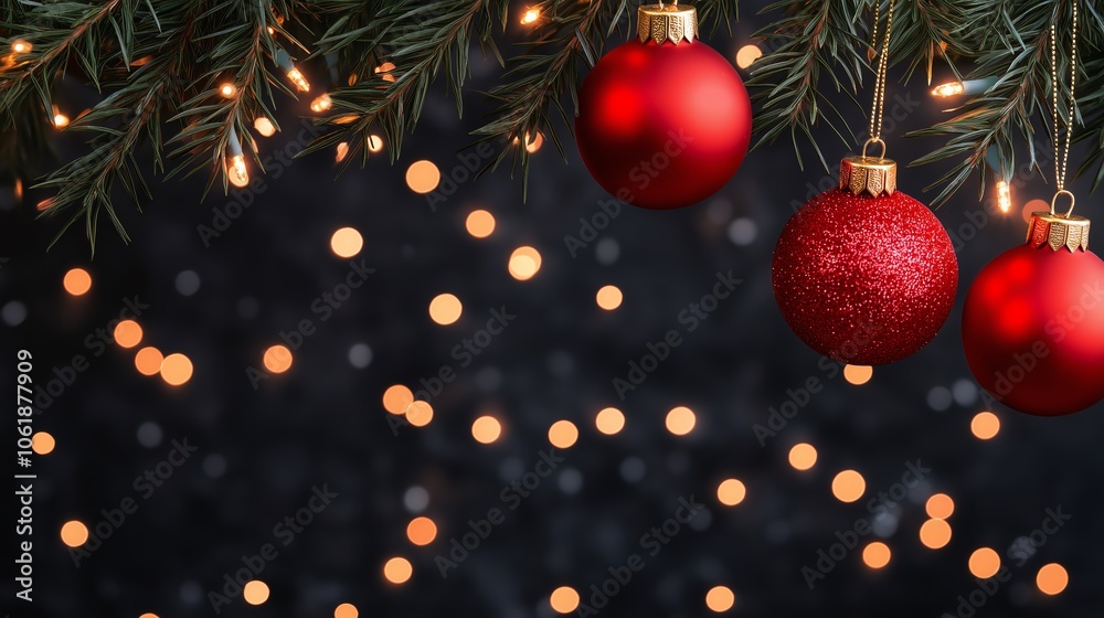 Decorative Christmas ornaments hanging on a pine branch with glowing lights, creating a festive ambiance.
