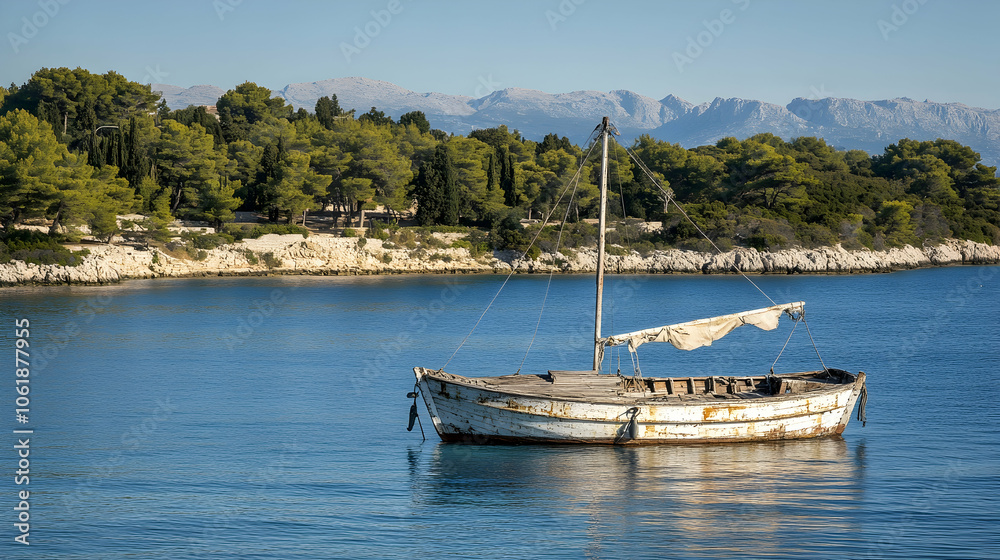 A weathered wooden sailboat sits at anchor in a calm bay with mountains in the distance. A weathered wooden sailboat sits at anchor in a calm bay with mountains in the distance.