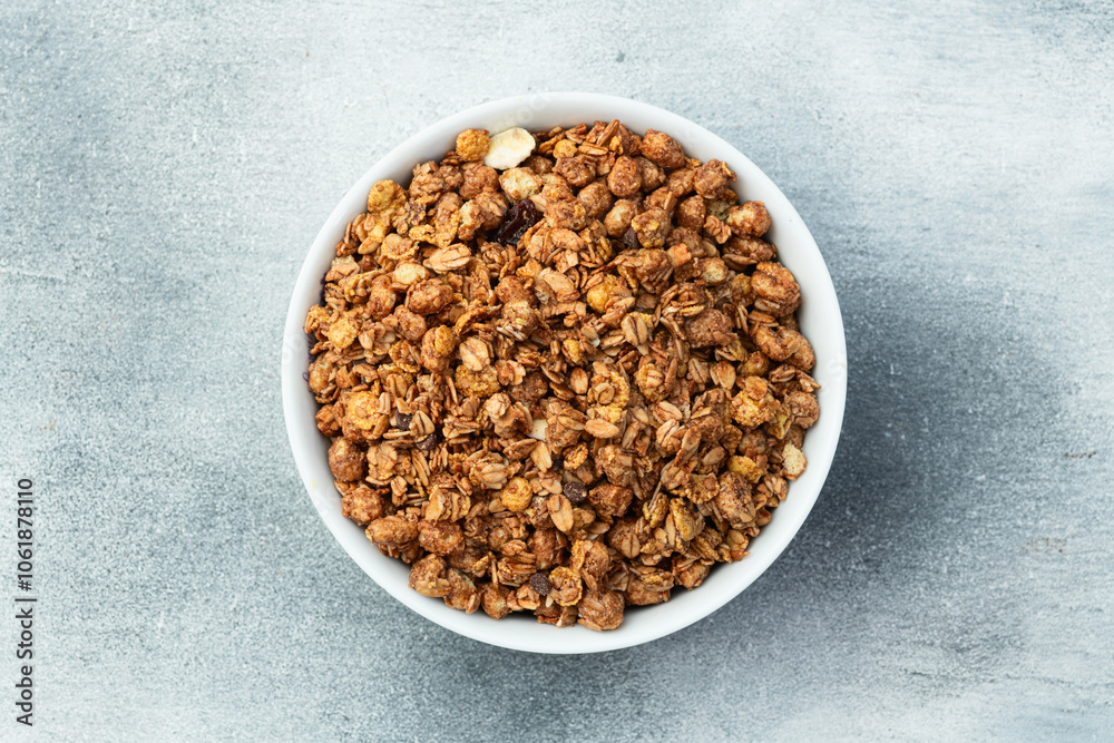 Homemade grain granola . Healthy energy eating . Top view Homemade grain granola . Healthy energy eating . Top view