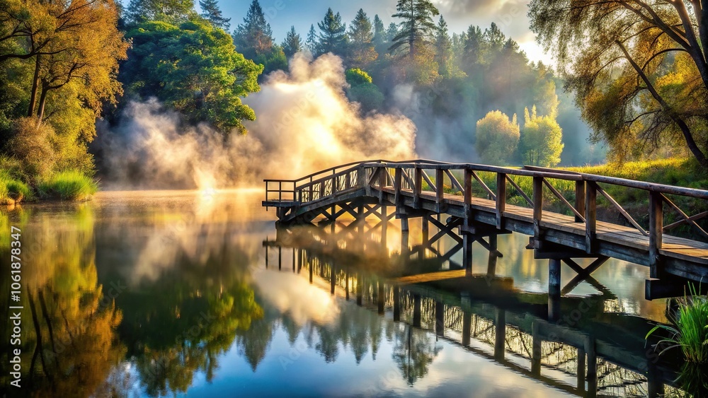 Old wooden bridge spanning over a lake with smoke drifting from the surrounding trees, peaceful setting, tree silhouettes