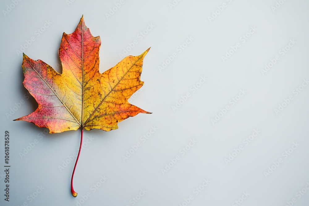 Single autumn leaf with vibrant colors on pale background