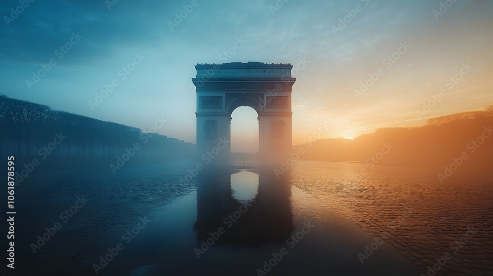 Fototapeta premium Arc de Triomphe in the Mist at Sunrise, Paris, France, sunset, dawn, dusk