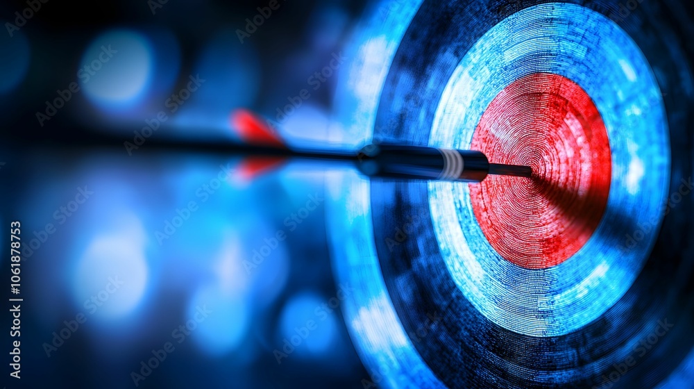 A dart striking the bullseye on a blue and red target, symbolizing precision, accuracy, and achievement in a focused environment. A dart striking the bullseye on a blue and red target, symbolizing precision, accuracy, and achievement in a focused environment.