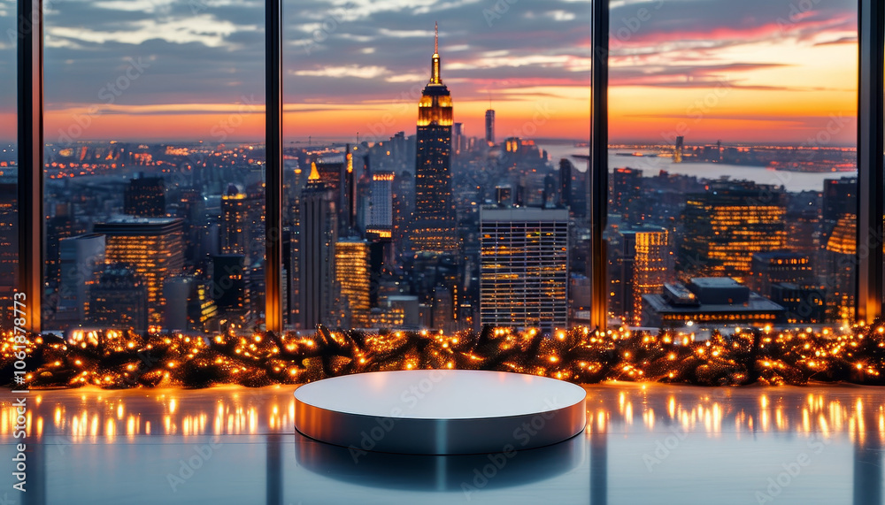 Naklejka premium New Year product display podium brushed metallic silver, a sleek glass skyscraper rooftop, sunset, golden and pink hues, city lights start modern decor, chic, urban New Year's Eve vibe, ad, podium