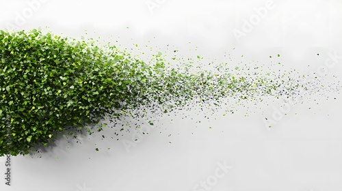 A cluster of green leaves appears to dissolve and scatter against a white background, symbolizing transformation, nature, and environmental change.