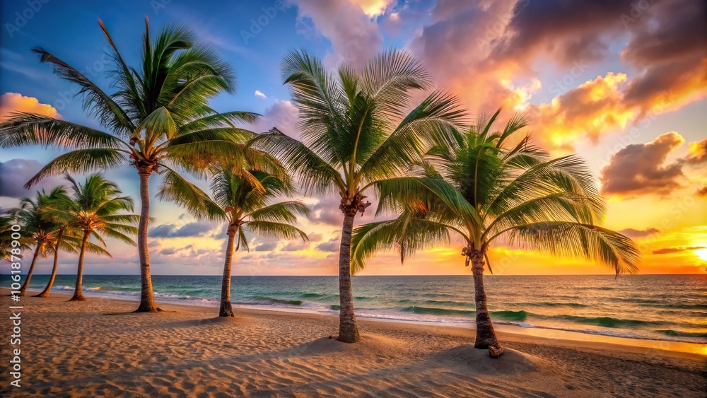 Palm trees swaying gently in the breeze on a sandy beach at sunset, sunset, serene atmosphere, sand, coastal scenery, beachside trees Palm trees swaying gently in the breeze on a sandy beach at sunset, sunset, serene atmosphere, sand, coastal scenery, beachside trees