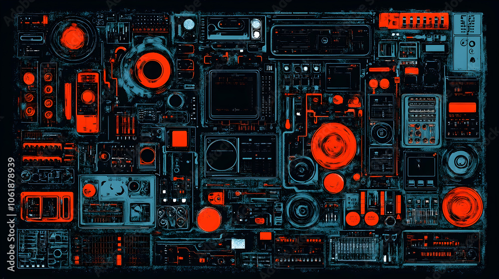 Abstract digital art of a futuristic control panel with red and blue lights.