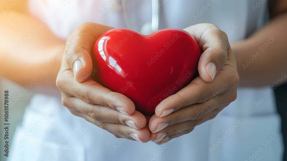 Close-up of hands gently holding a red heart, symbolizing compassion, healthcare, support, love, and the importance of heart health. Close-up of hands gently holding a red heart, symbolizing compassion, healthcare, support, love, and the importance of heart health.