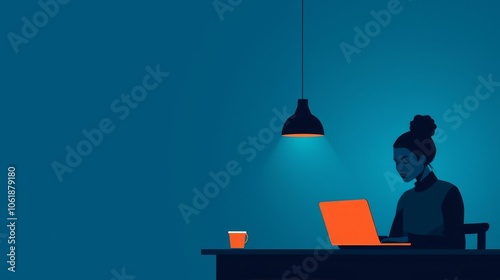 Independence, young professional working on laptop in cafe, flat design illustration