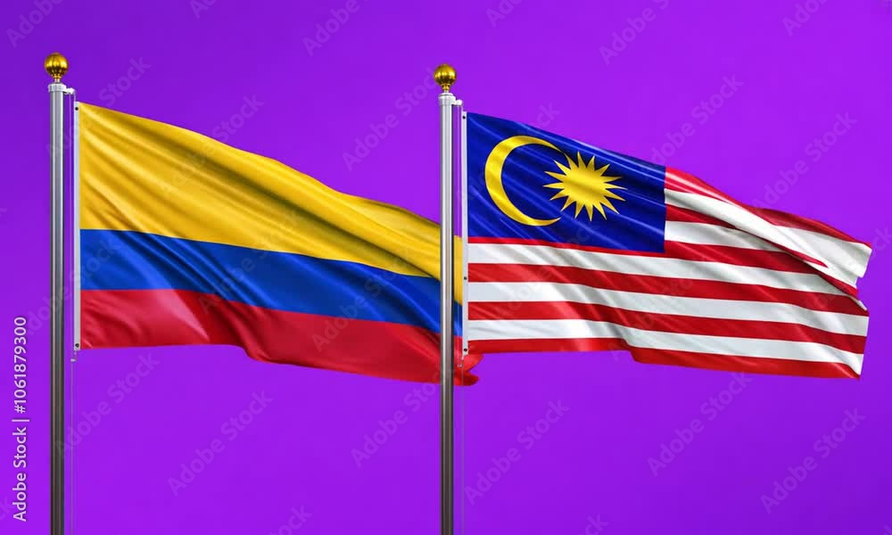 Colombia and Malaysia flags flying together, video concept of the relationship with colored chroma key for easy background remove, two country cooperation concept Colombia and Malaysia flags flying together, video concept of the relationship with colored chroma key for easy background remove, two country cooperation concept