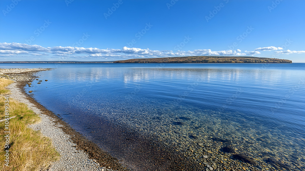 Calm blue lake with a small island in the distance. The water is clear and shallow, with a pebbly shoreline. The sky is blue with a few white clouds. Calm blue lake with a small island in the distance. The water is clear and shallow, with a pebbly shoreline. The sky is blue with a few white clouds.