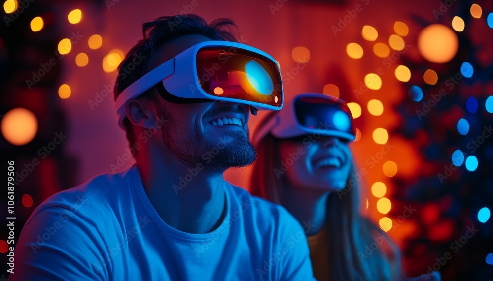 Couple enjoying virtual reality experience together with colorful lights in the background. Couple enjoying virtual reality experience together with colorful lights in the background.