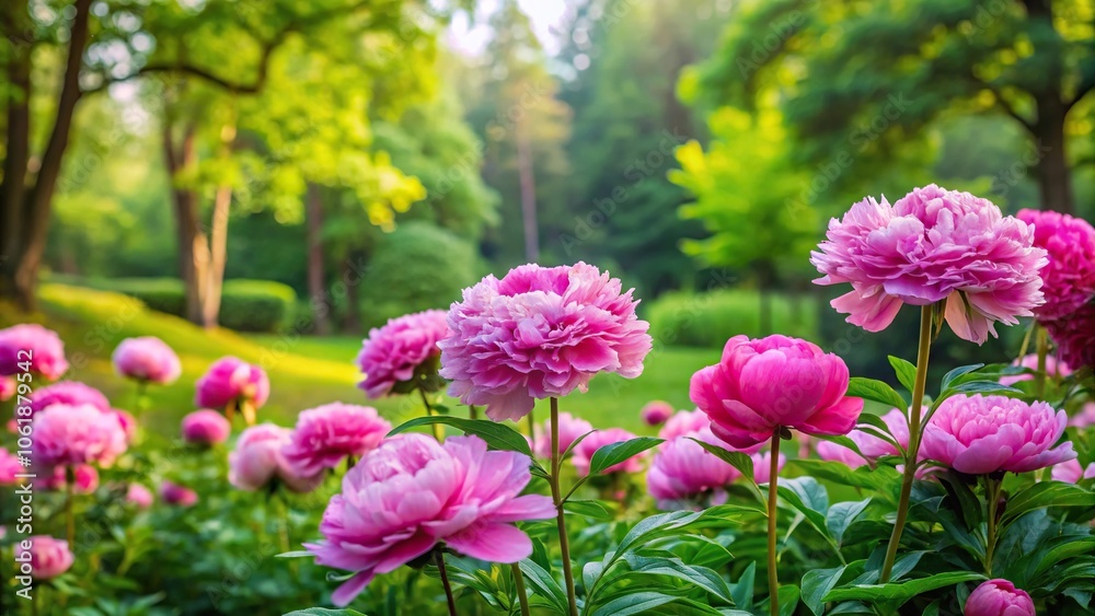 Pink peonies in a lush green garden surrounded by tall trees, outdoor, forest, landscape Pink peonies in a lush green garden surrounded by tall trees, outdoor, forest, landscape