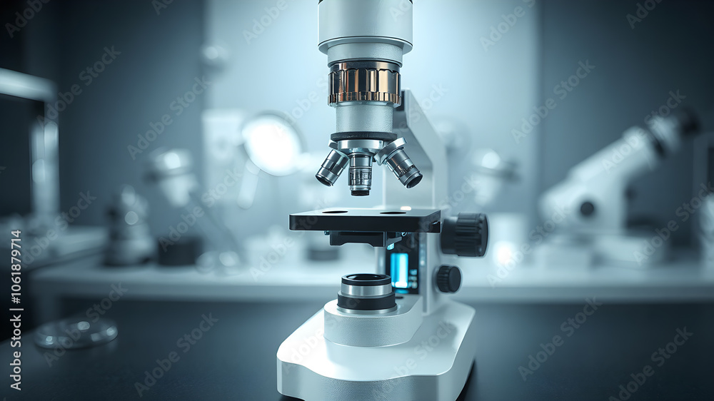 Modern microscope isolated on Lab background. Medical equipment