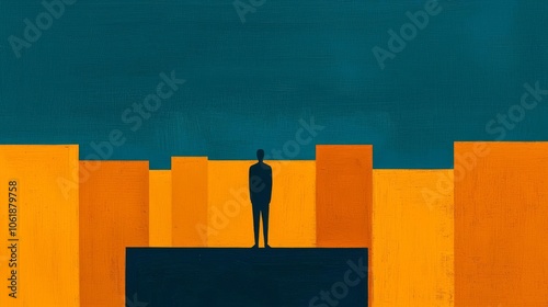 Abstract lone figure against vast cityscape, symbolizing independence and financial freedom, modern finance, conceptual art photo