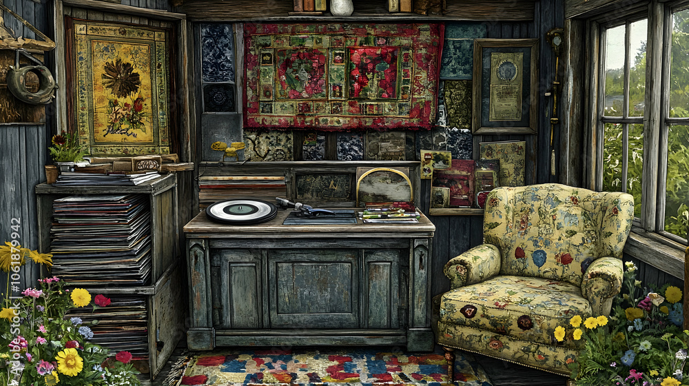 Fototapeta premium Cozy vintage shed with a record player, armchair and a window overlooking a garden.