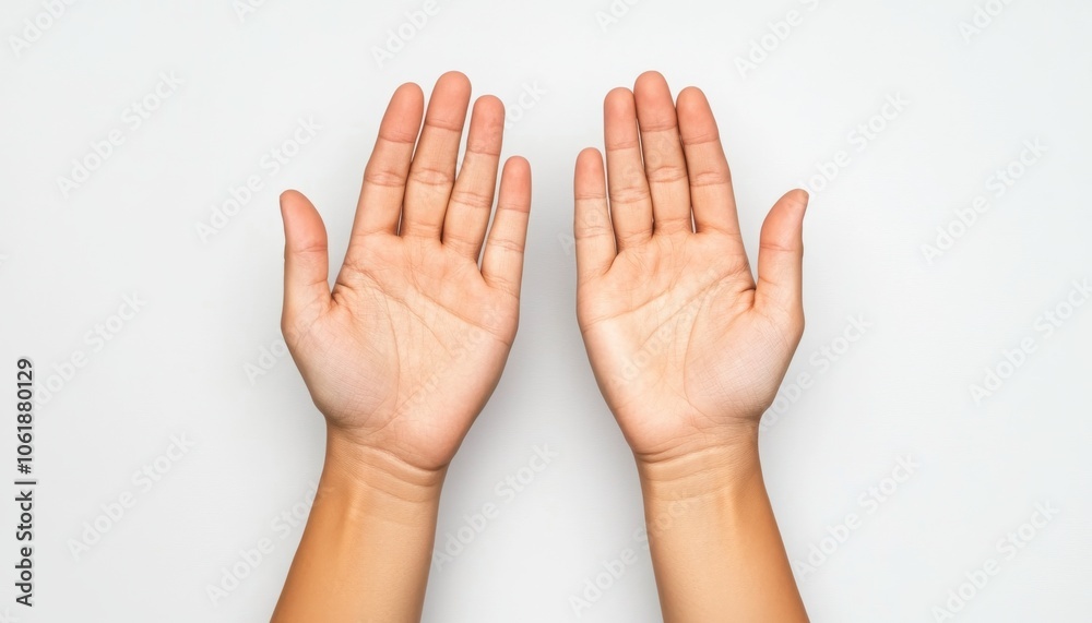 Two open hands displayed against a clean, white background, symbolizing openness and acceptance. Two open hands displayed against a clean, white background, symbolizing openness and acceptance.