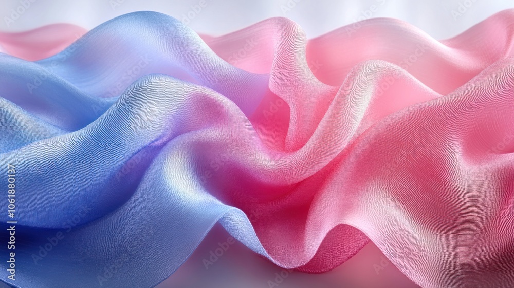 Obraz premium Close-up of soft, flowing blue and pink fabric with gradient color, creating a smooth, elegant, and abstract background.