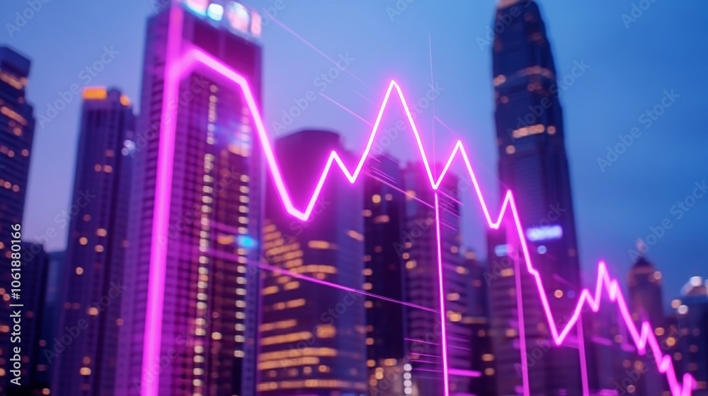 Fototapeta premium Urban skyline with a vibrant pink financial graph overlay, emphasizing stock market trends.