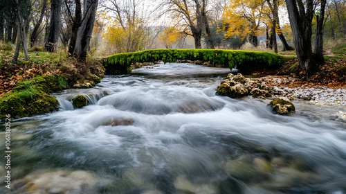 Mossy bridge over a flowing stream in a forest.