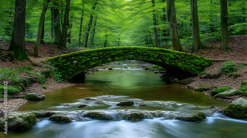 Moss-covered stone bridge over a flowing stream in a lush green forest. (1)
