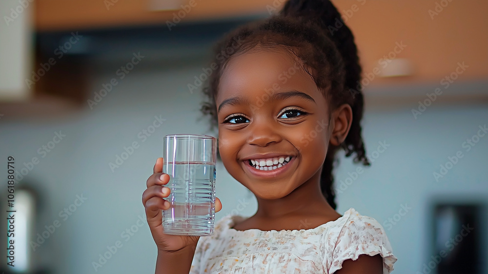 Joyful African American girl smiling while holding a glass of water in the kitchen. Joyful African American girl smiling while holding a glass of water in the kitchen.