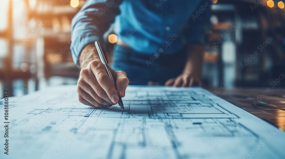 Architect or designer working on blueprints with a pen, close up of hand. Architect or designer working on blueprints with a pen, close up of hand.