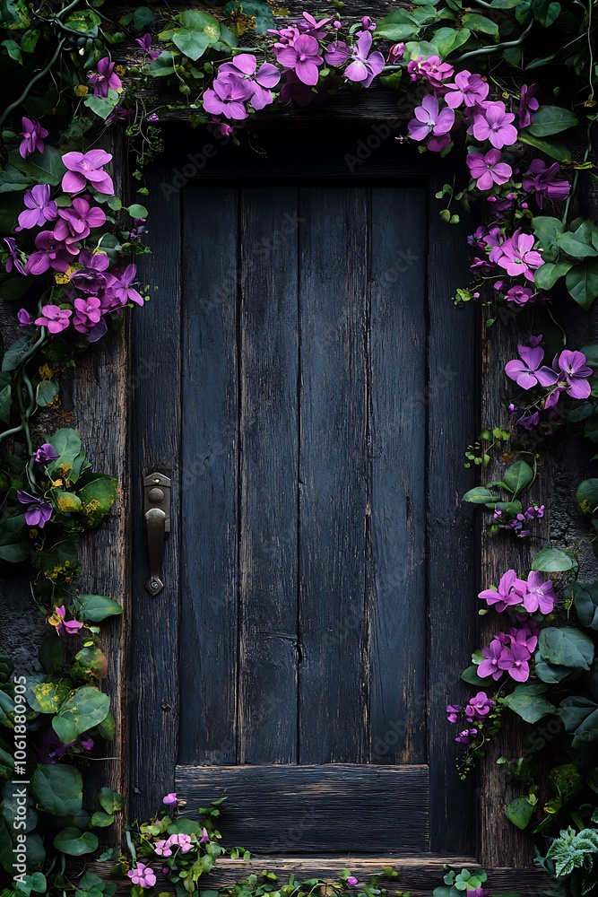 Mystical doorway framed by lush purple blossoms a gateway to enchantment and nature's beauty Mystical doorway framed by lush purple blossoms a gateway to enchantment and nature's beauty