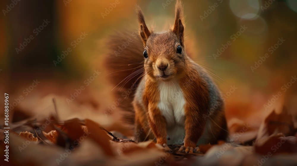 Close-up portrait of a Eurasian red squirrel in its autumn woodland habitat with rich warm colors. Close-up portrait of a Eurasian red squirrel in its autumn woodland habitat with rich warm colors.