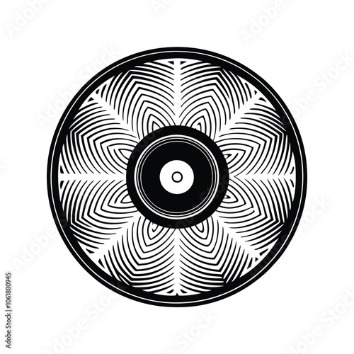 Generate a stylized image of a vinyl record with radial lines emanating from the center, resembling a sunburst pattern.