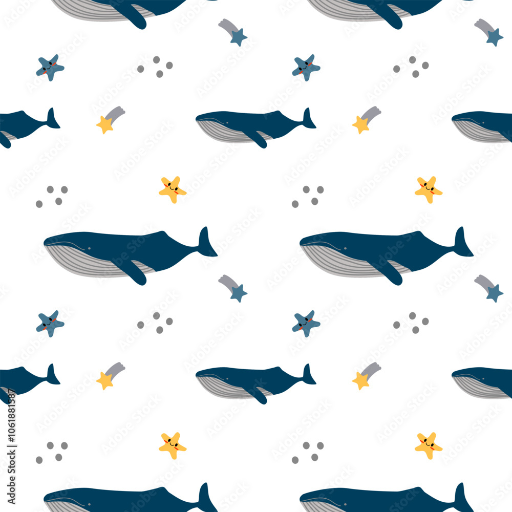 Whale in the space cartoon so cute. On star and white background. Pattern seamless vector illustration.
