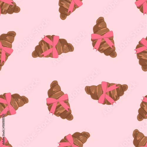Croissant and pink bow seamless pattern. Cute girly design. Bakery and pastry. Hand drawn vector illustration