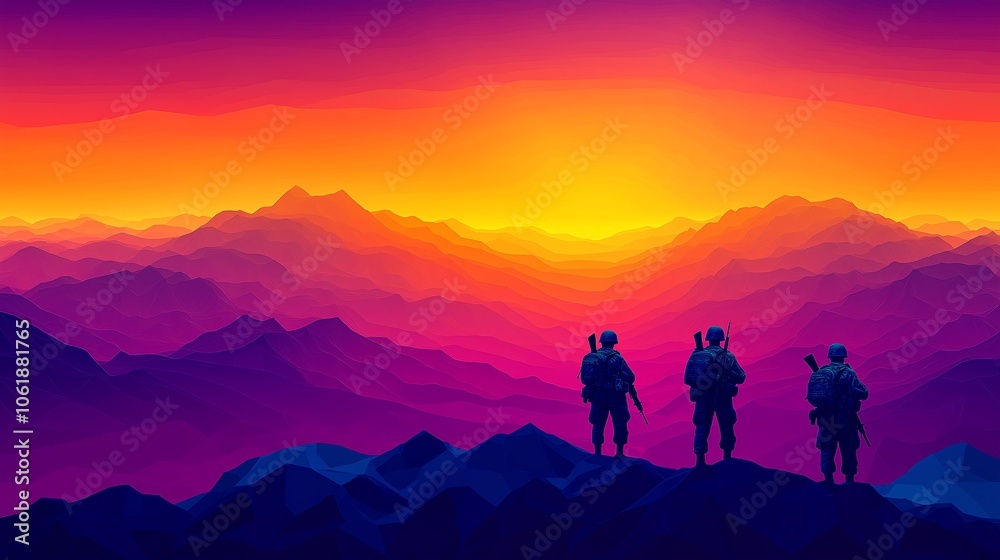 Silhouetted figures stand against a vibrant sunset over mountains, evoking a sense of adventure and camaraderie.