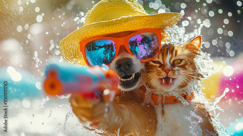 Dog bodyguard protects cat with water gun photo