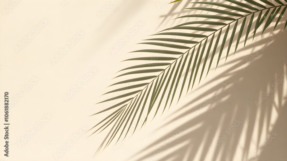 Fototapeta premium Blurred shadow from palm leaves on the beige wall. Minimal abstract background for product presentation. summer concept.