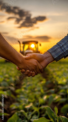Two farmers shaking hands in a cultivated field with a tractor in the background during sunset