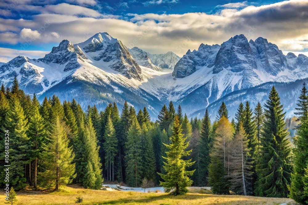 Fototapeta premium Snow-capped mountains in the background with a gentle forest landscape and a few trees in the foreground, majestic, woodsy atmosphere, forest, wilderness