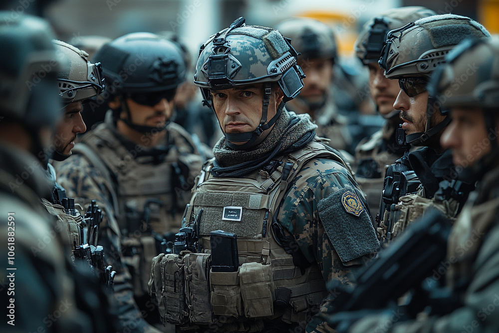 Tactical Officers in Full Gear, special team with rifles and handguns, police force in operation