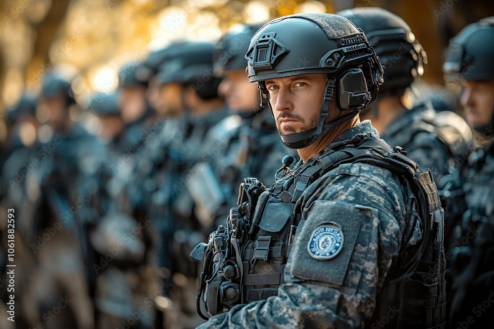 Tactical Officers in Full Gear, officers with firearms and vests, counter unit during emergency Tactical Officers in Full Gear, officers with firearms and vests, counter unit during emergency
