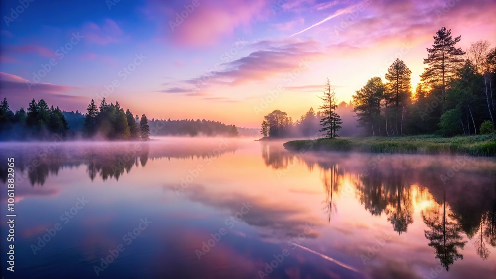 Softly glowing lavender mist rises from a serene lake at dawn, peaceful, water, nature, tranquil Softly glowing lavender mist rises from a serene lake at dawn, peaceful, water, nature, tranquil